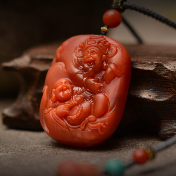 CASVIA Superior Quality South Red Agate Carved Pendant: God of Wealth and Maitreya Buddha Hanging Ornament