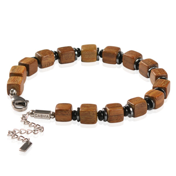 Casvia's original mens bracelet crafted with Verawood With black onyx and hematite spacers stainless steel adjustable chain natural fragrance and chakra elements Ideal for oneself or friends