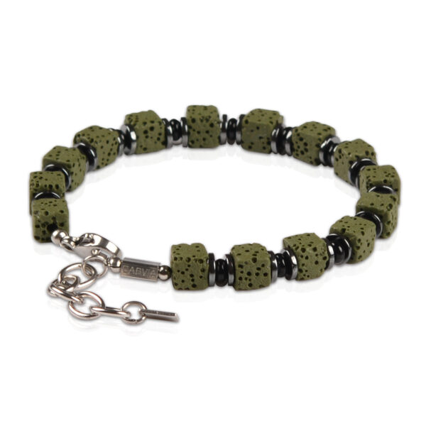 Casvia mens bracelet with military green volcanic stones hematite black agate and stainless steel chain A chakra best friend and protection bracelet Ideal for self and friends