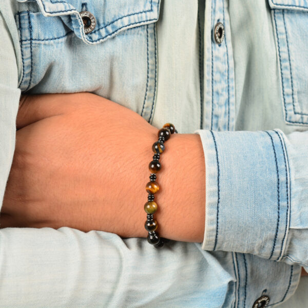 CASVIA Tigers Eye Hematite and Black Agate Mens Bracelet with Thickened Stainless Steel Adjustable Chain Chakra Protection mens Jewelry Ideal for Yourself Father and Friends - 图片 2