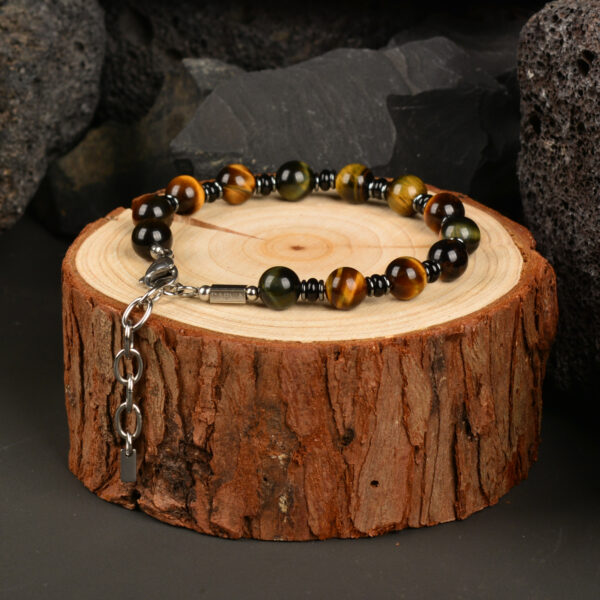 CASVIA Tigers Eye Hematite and Black Agate Mens Bracelet with Thickened Stainless Steel Adjustable Chain Chakra Protection mens Jewelry Ideal for Yourself Father and Friends - 图片 3