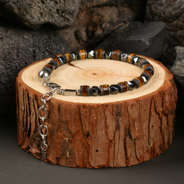 CASVIA Tiger Eye Chakra Mens Bracelet Paired with Hematite and a Stainless Steel Adjustable Chain A Stylish Mens Jewelry Perfect as a Friend Bracelet for Yourself, Father and Friends - 图片 3