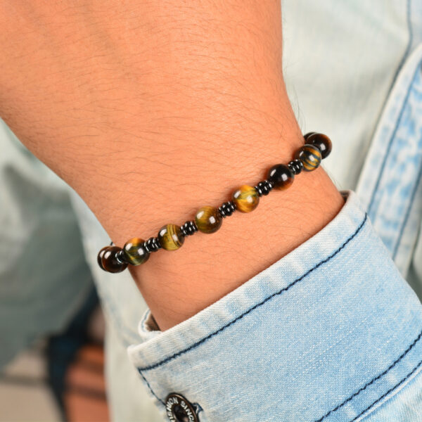 CASVIA Tigers Eye Hematite and Black Agate Mens Bracelet with Thickened Stainless Steel Adjustable Chain Chakra Protection mens Jewelry Ideal for Yourself Father and Friends - 图片 4