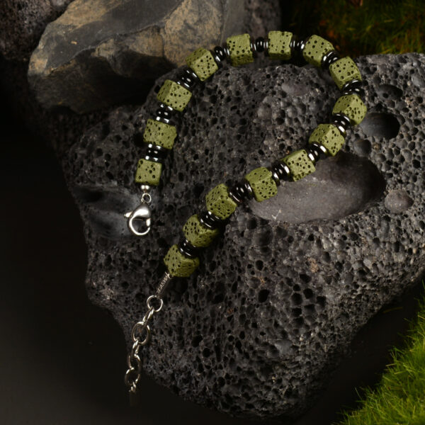 Casvia mens bracelet with military green volcanic stones hematite black agate and stainless steel chain A chakra best friend and protection bracelet Ideal for self and friends - 图片 5