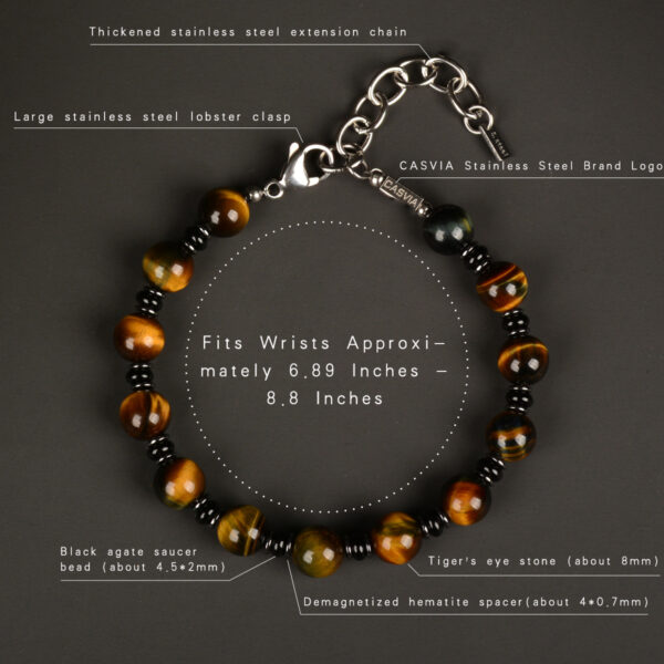 CASVIA Tigers Eye Hematite and Black Agate Mens Bracelet with Thickened Stainless Steel Adjustable Chain Chakra Protection mens Jewelry Ideal for Yourself Father and Friends - 图片 9