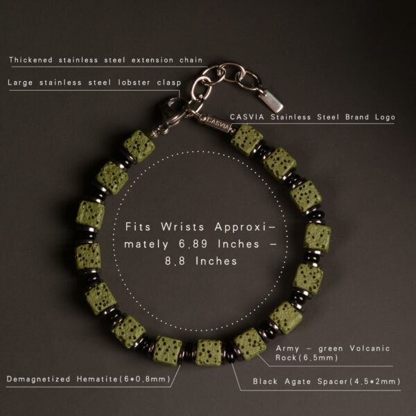 Casvia mens bracelet with military green volcanic stones hematite black agate and stainless steel chain A chakra best friend and protection bracelet Ideal for self and friends - 图片 9