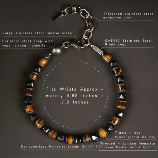 CASVIA Tiger Eye Chakra Mens Bracelet Paired with Hematite and a Stainless Steel Adjustable Chain A Stylish Mens Jewelry Perfect as a Friend Bracelet for Yourself, Father and Friends - 图片 9
