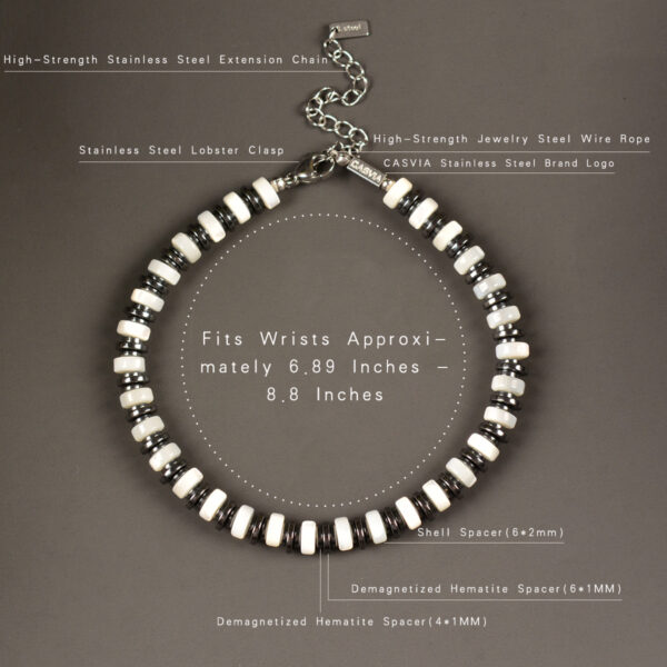 Casvia original mens hematite bracelet Shell and stainless steel adjustable chain Silvery white beaded bracelet for men Handmade Versatile for casual and business Ideal for oneself or boyfriend - 图片 9