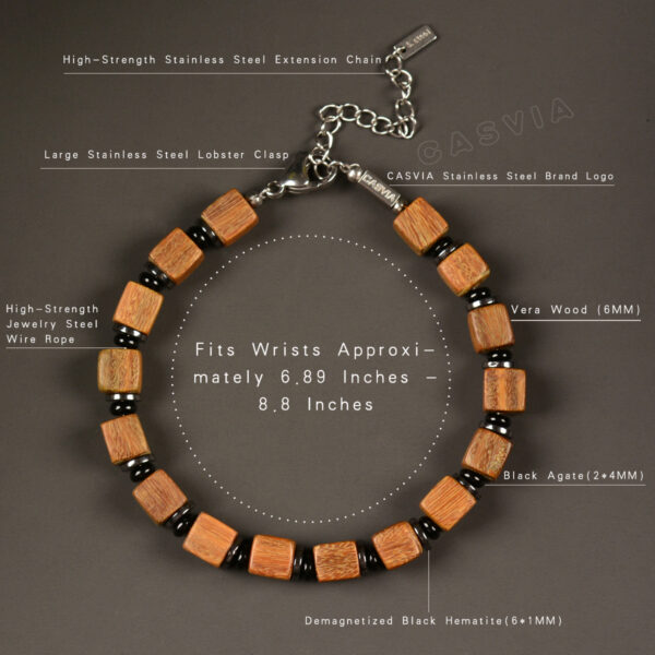 Casvia's original mens bracelet crafted with Verawood With black onyx and hematite spacers stainless steel adjustable chain natural fragrance and chakra elements Ideal for oneself or friends - 图片 9