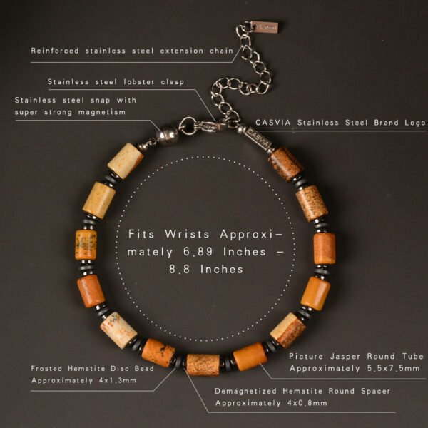 CASVIA mens bracelet with picture jasper and hematite Matched with stainless steel adjustable chain protection bracelet for men and an ideal of mens jewelry for yourself father and friends - 图片 9
